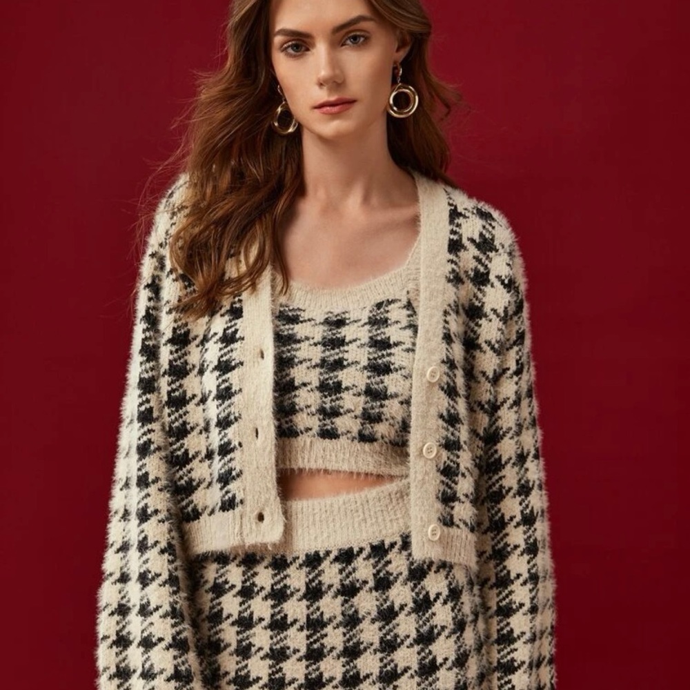 SHEIN Houndstooth Pattern Fuzzy Knit Cardigan